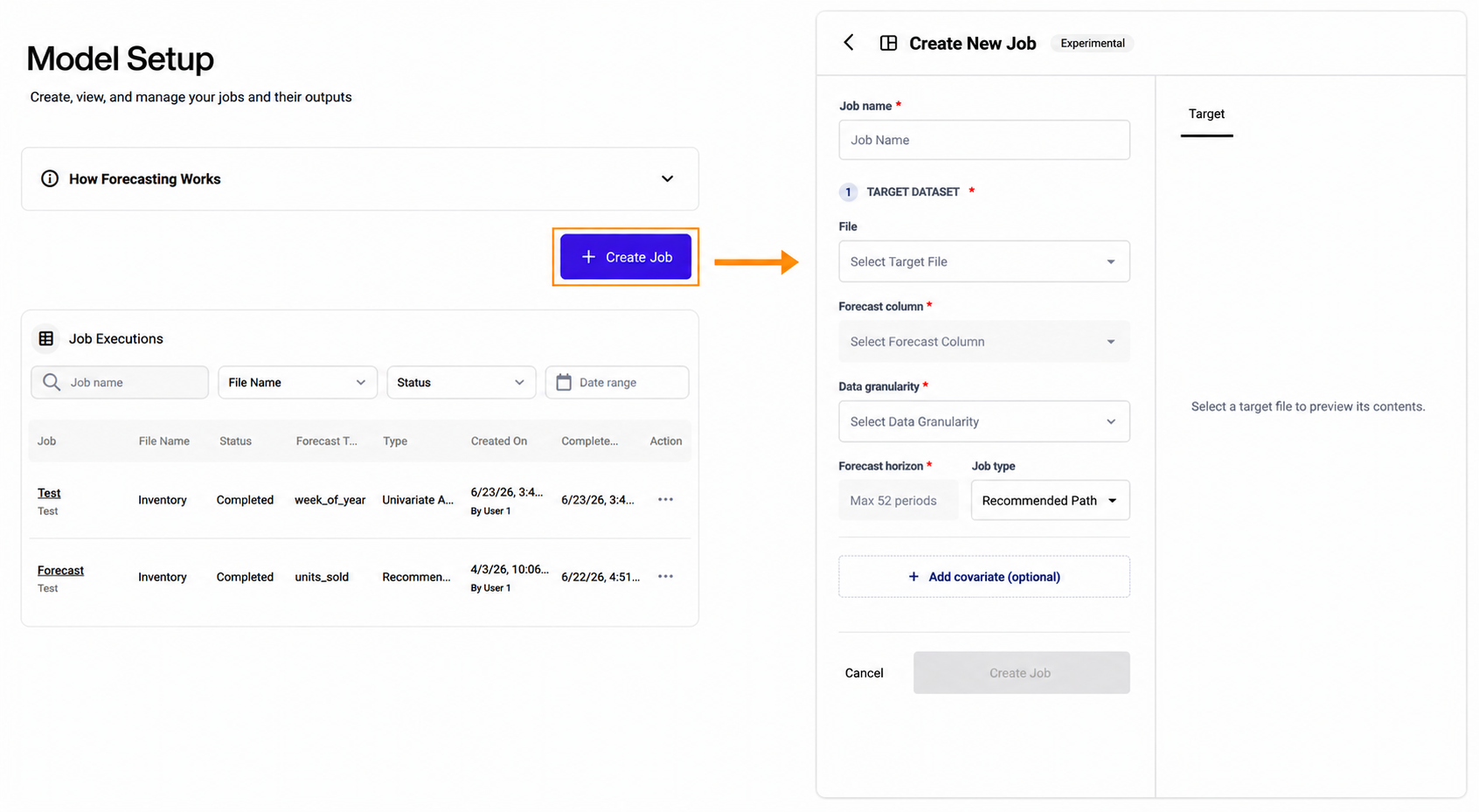 Creating a new job with target dataset and various selection options displayed.
